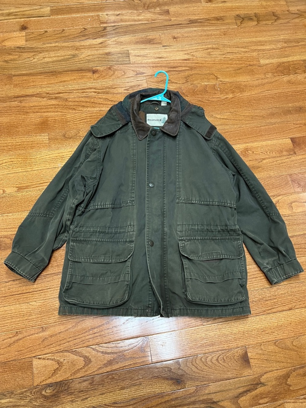 Men's Olive Green Field Jacket with leather Collar and detachable hood